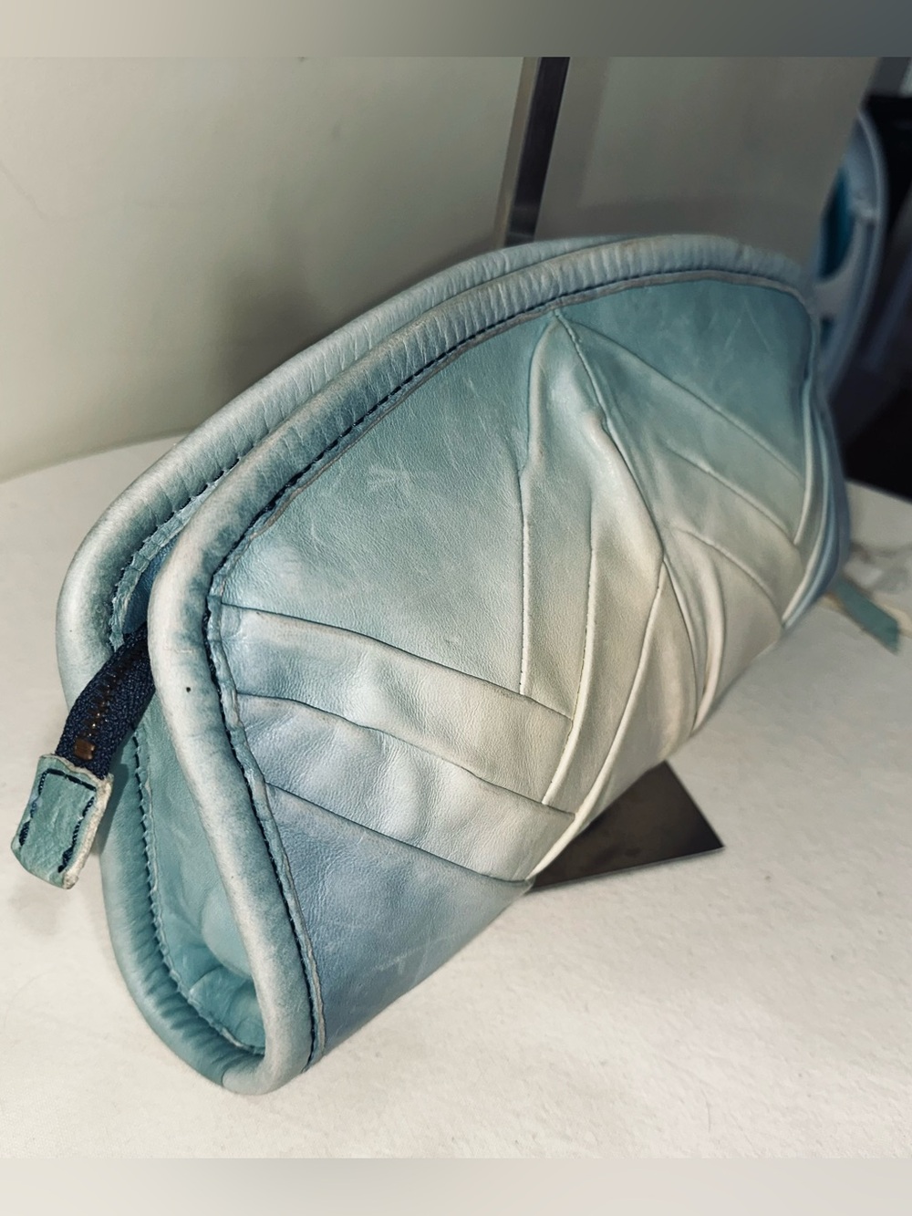 49 Square Miles EUC Chevron Leather Stitch Clutch Ombre Blue Icy Teal RARE VHTF